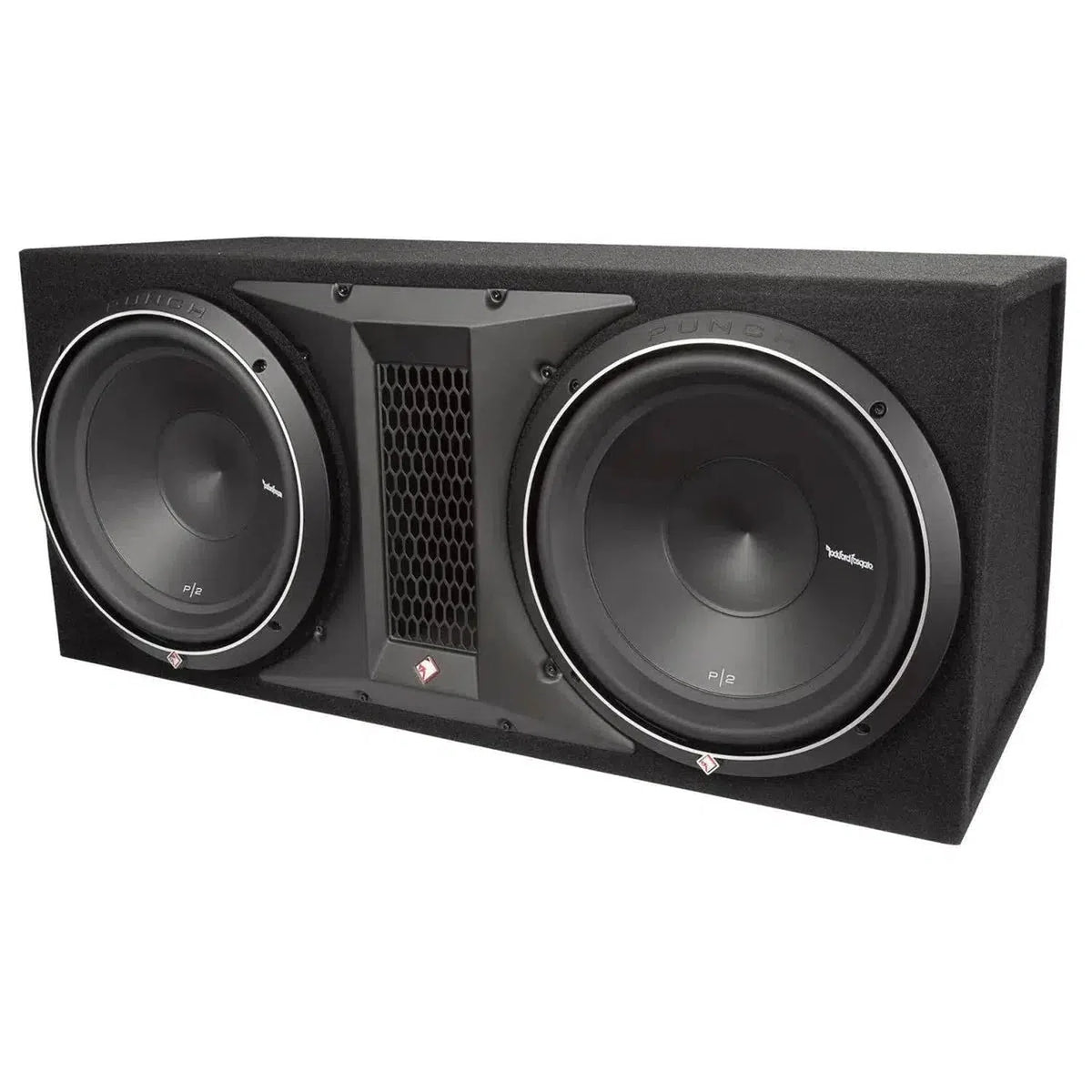 Le Rockford Fosgate Punch P2-2X12 est un subwoofer Gehäuses noir rectangulaire avec deux grands haut-parleurs de 12 pouces et un panneau central ventilé.