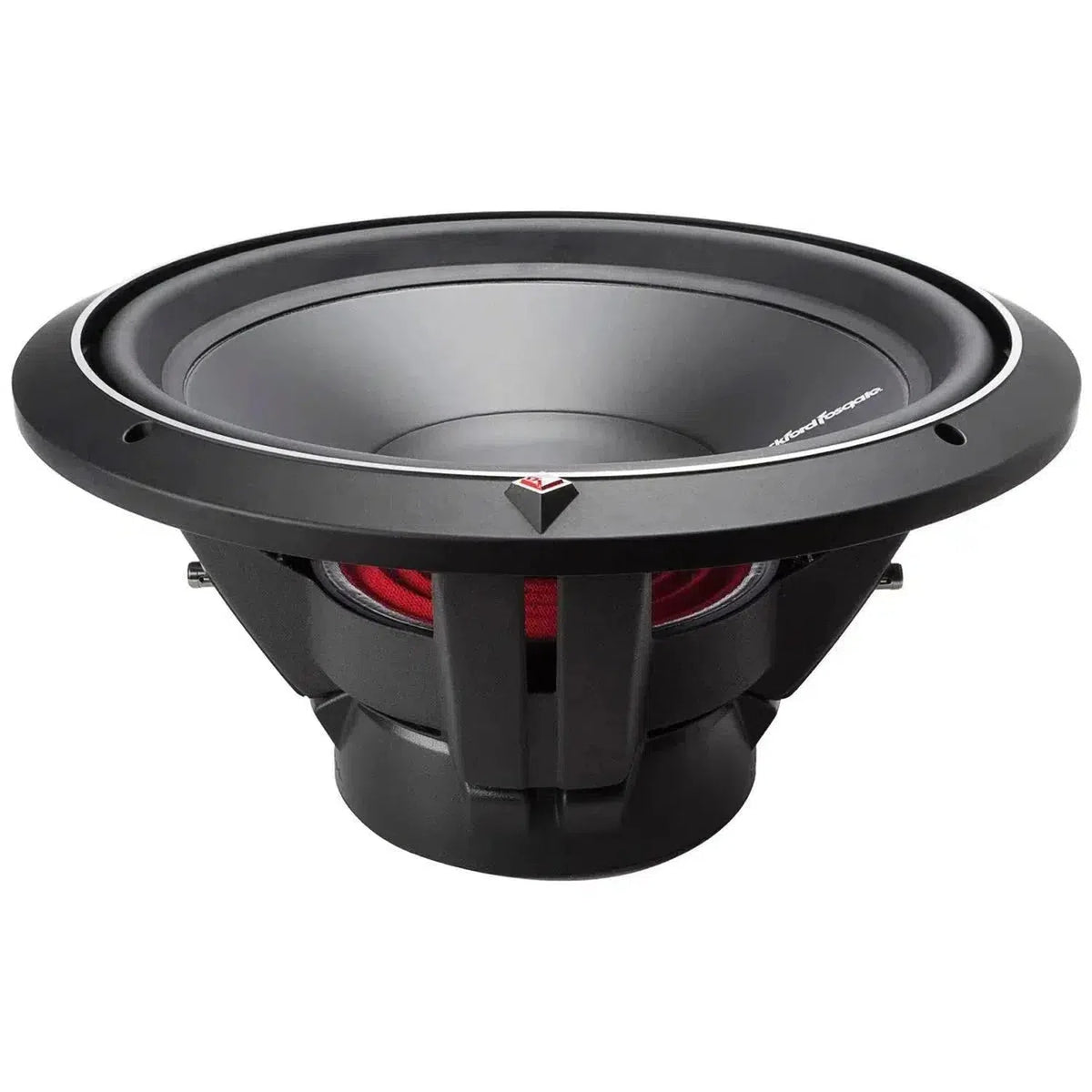 Le Rockford Fosgate Punch P2D2-15 / P2D4-15 est un subwoofer de 15 noir et argenté avec un cône rond, un cadre visible, deux bobines mobiles et un câblage rouge apparent.