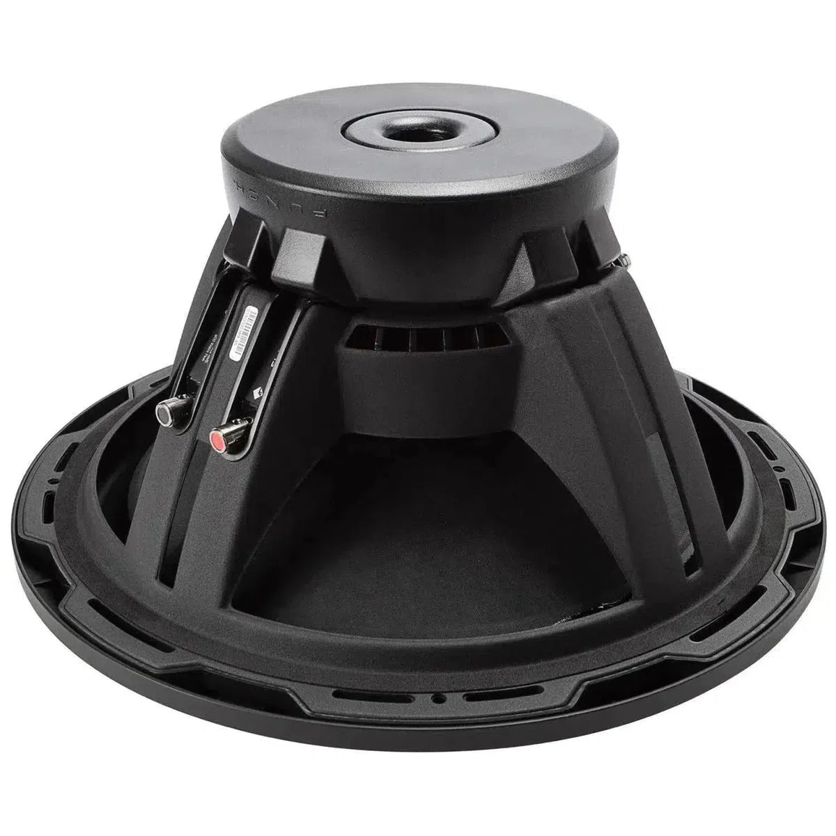 Vue arrière du Rockford Fosgate Punch P2D2-15 / P2D4-15, un subwoofer noir de 15 pouces montrant laimant, la bobine double, le cadre et les bornes.
