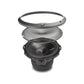 Despiece de una rejilla de subwoofer Rockford Fosgate Punch P2P3G-10 de 10 con malla y woofers P2/P3 sobre fondo blanco.