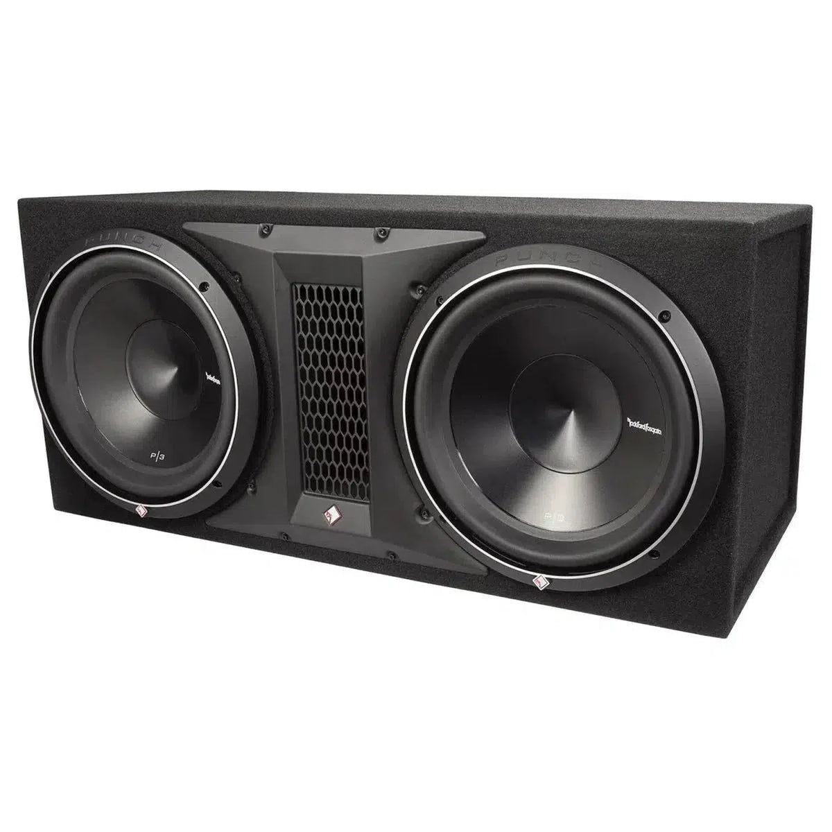 The Rockford Fosgate Punch P3-2X12 is a black subwoofer box with dual 12 speakers, a central vented grille, and the Punch P3 logo.