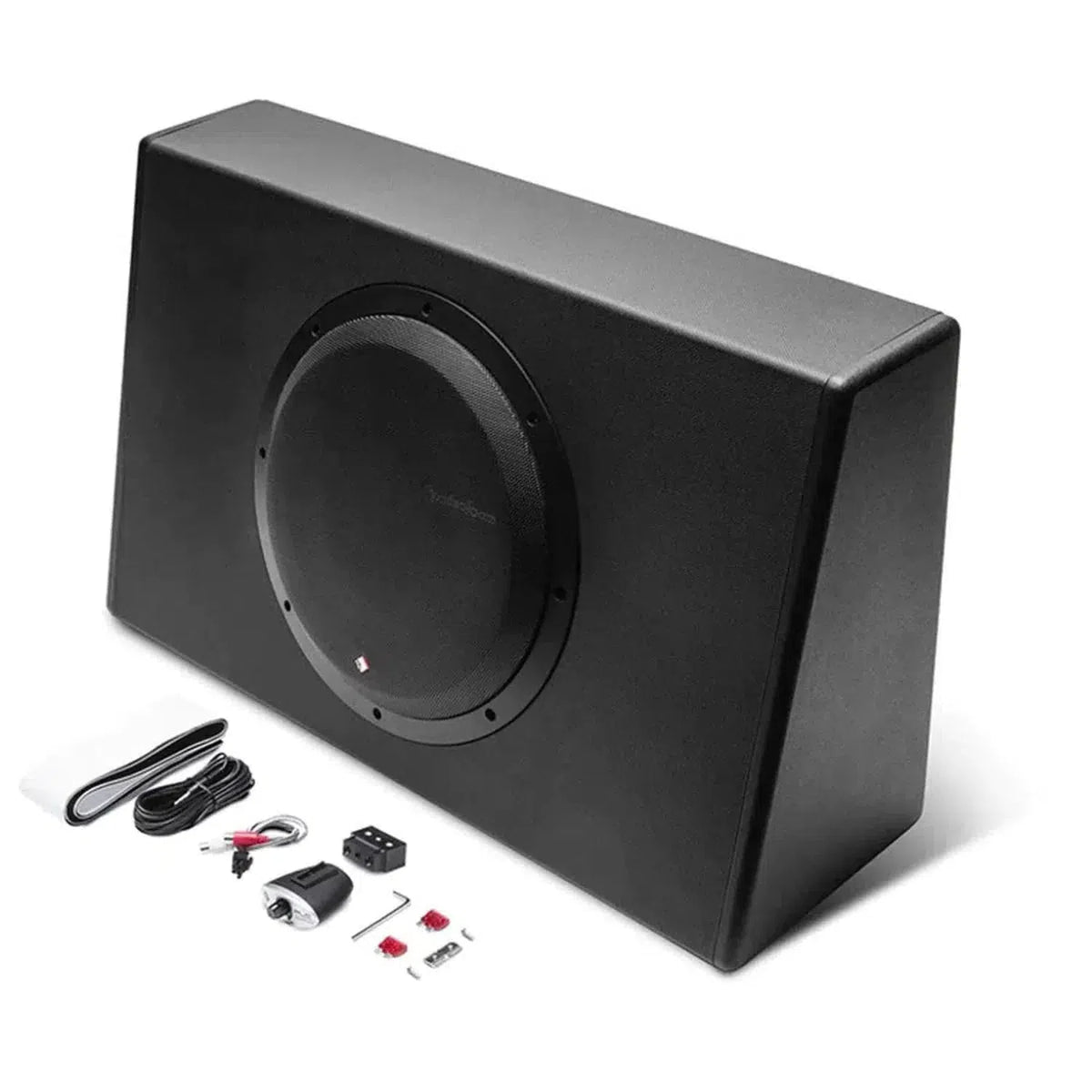 Rockford Fosgate Punch P300-12T Aktiv 12 Subwoofer im rechteckigen Gehäuse inkl. Kabeln  Installationszubehör auf weißem Hintergrund.