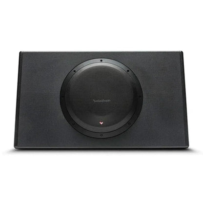 Le Rockford Fosgate Punch P300-12T Aktiv est un subwoofer noir avec un woofer de 12 dans un boîtier rectangulaire et un haut-parleur central rond.