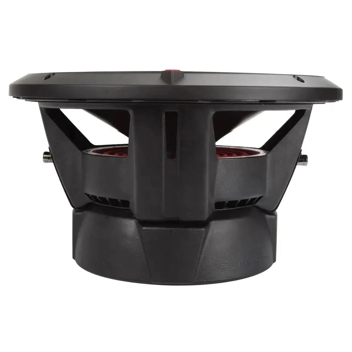 A side view of the black Rockford Fosgate Punch P3D2-12 / P3D4-12 subwoofer highlights its wide cone, VAST technology, sturdy metal frame, and large magnet housing.