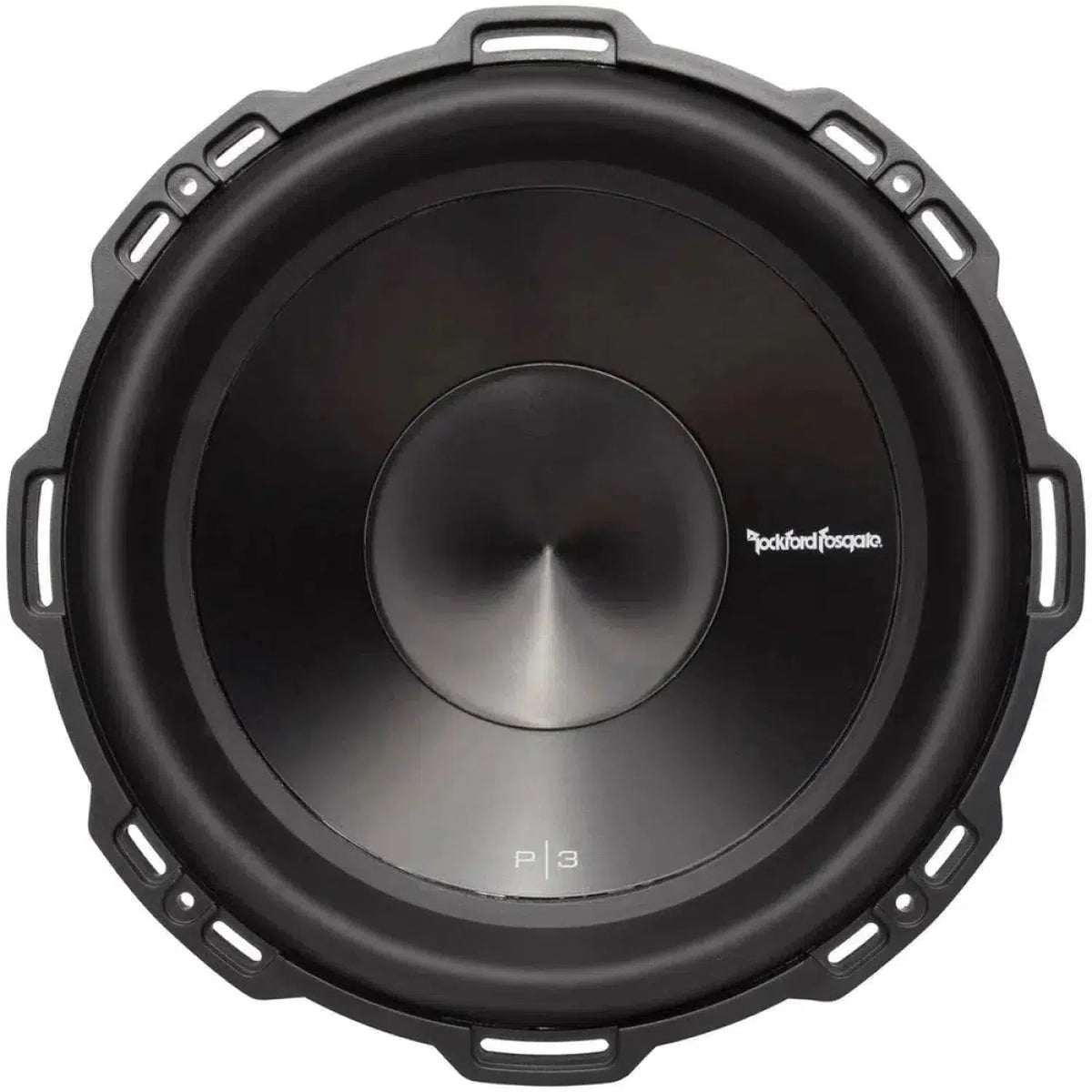 A close-up of the Rockford Fosgate Punch P3D2-12 / P3D4-12 subwoofer, highlighting its black circular design, VAST technology, cone, and mounting holes.