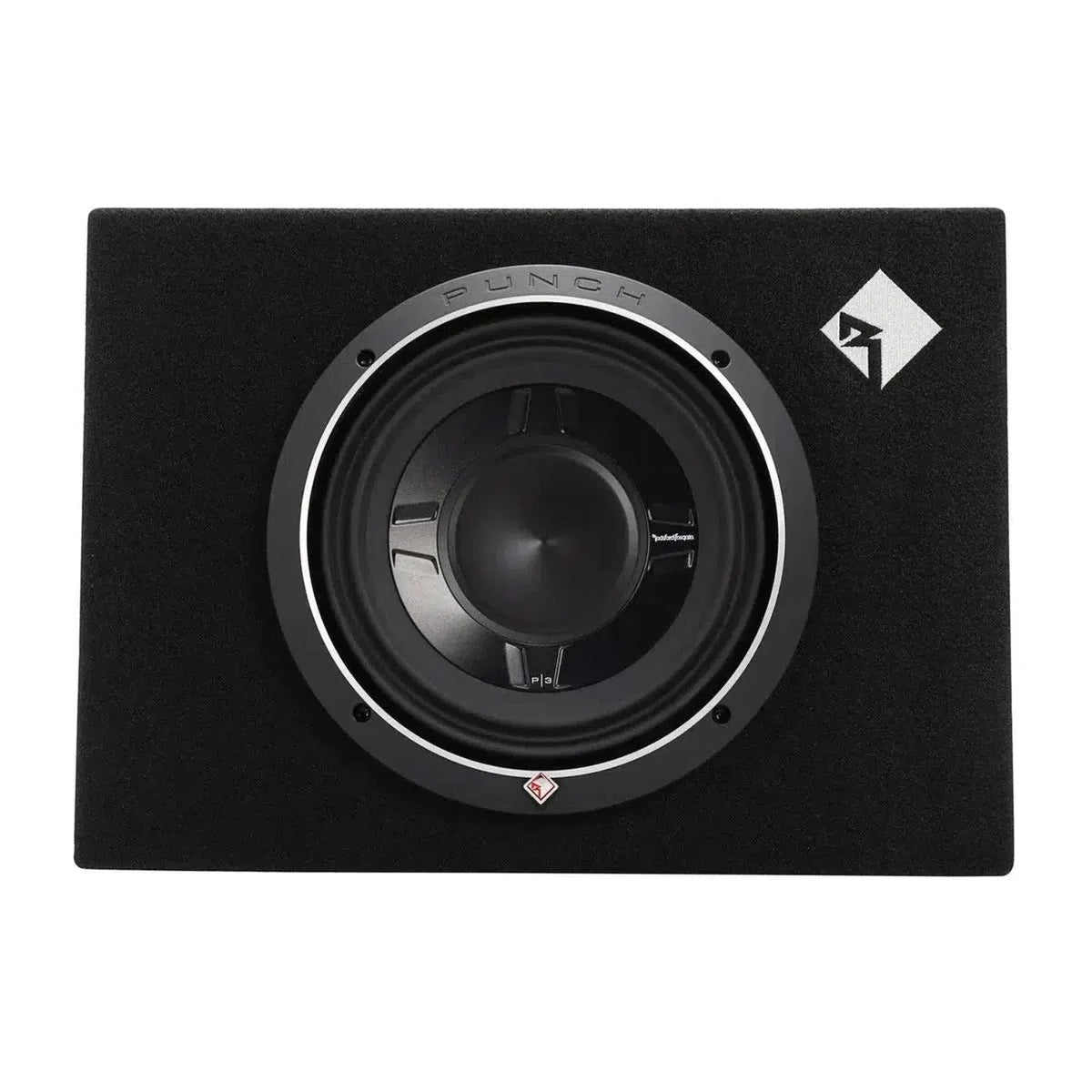 El Rockford Fosgate Punch P3S-1X10 es un subwoofer con carcasa negra de 10 con cono circular, diseño plano rectangular y un pequeño logotipo blanco/negro en la parte superior derecha.