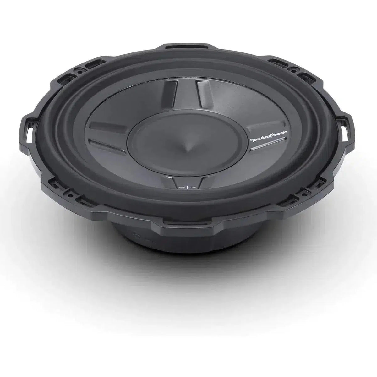 A black, round Rockford Fosgate Punch P3SD2-12/P3SD4-12 flat subwoofer with a flat cone and multiple mounting holes, shown at an angle on a white background.