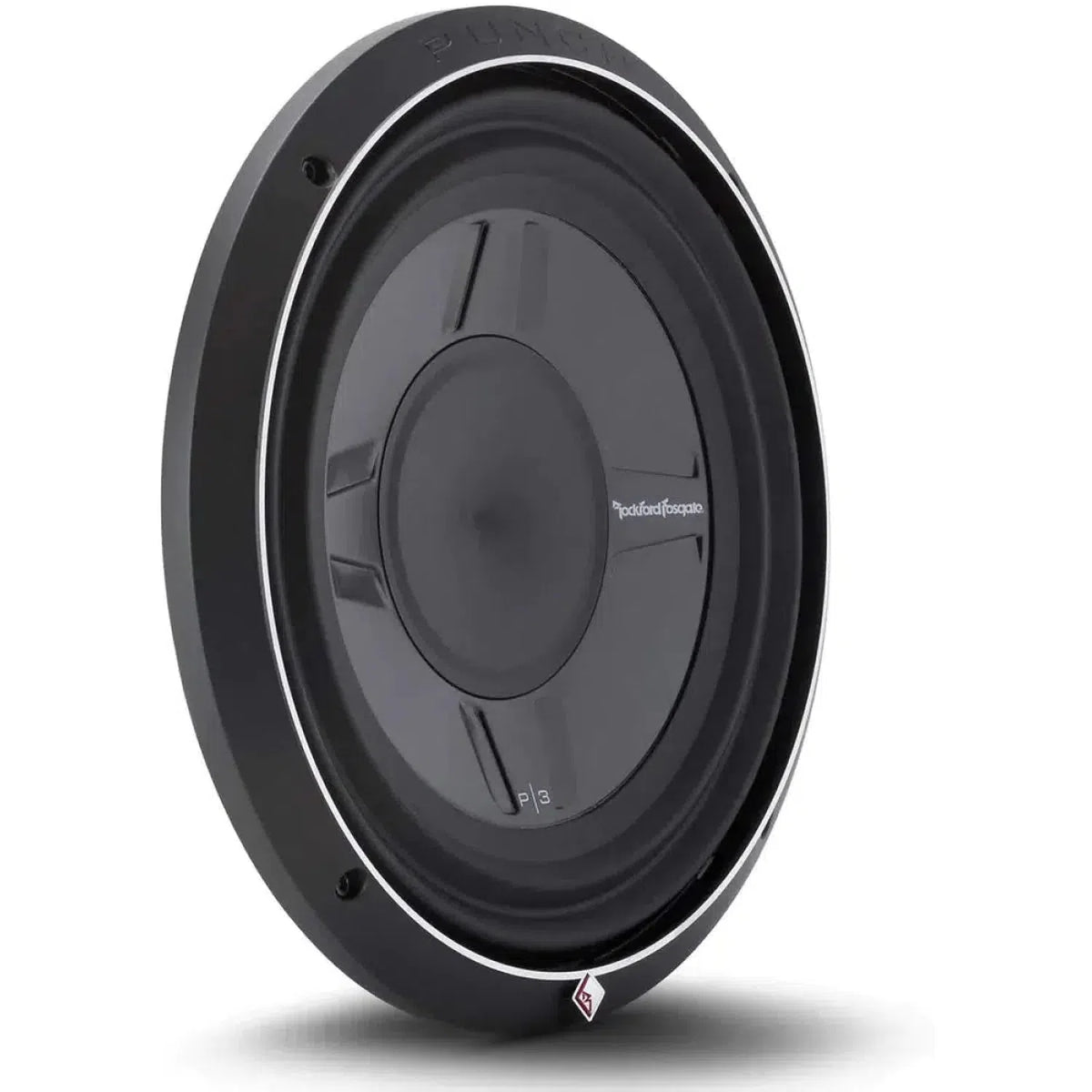 The Rockford Fosgate Punch P3SD2-12 / P3SD4-12 is a black, round 12 flat subwoofer with a flat cone, silver trim, and 400W RMS power.