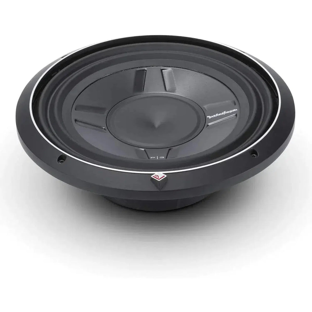 The Rockford Fosgate Punch P3SD2-12 / P3SD4-12 black 12 flat subwoofer with silver accents delivers 400W RMS, shown from above on a white background.