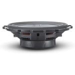 A side view of the Rockford Fosgate Punch P3SD2-12 / P3SD4-12 12 low-profile subwoofer, featuring a cone, frame, mounting tabs, and 400W RMS power handling.