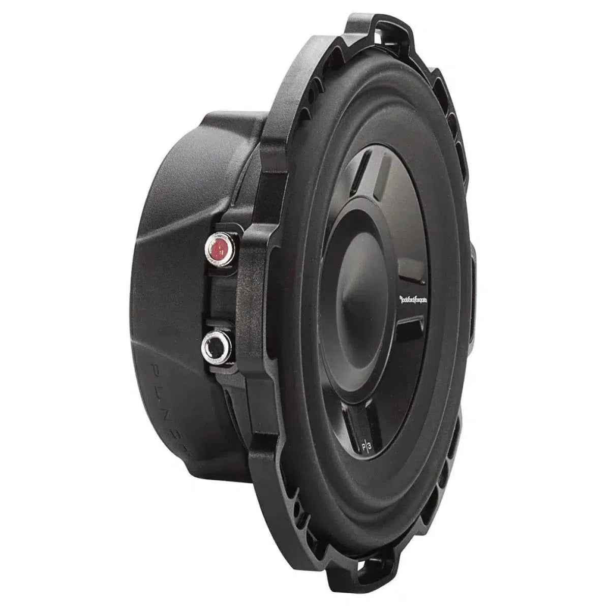 El Rockford Fosgate Punch P3SD2-8 / P3SD4-8 es un Flachsubwoofer redondo negro de 8 Zoll con 150W RMS y terminales de conexión laterales.