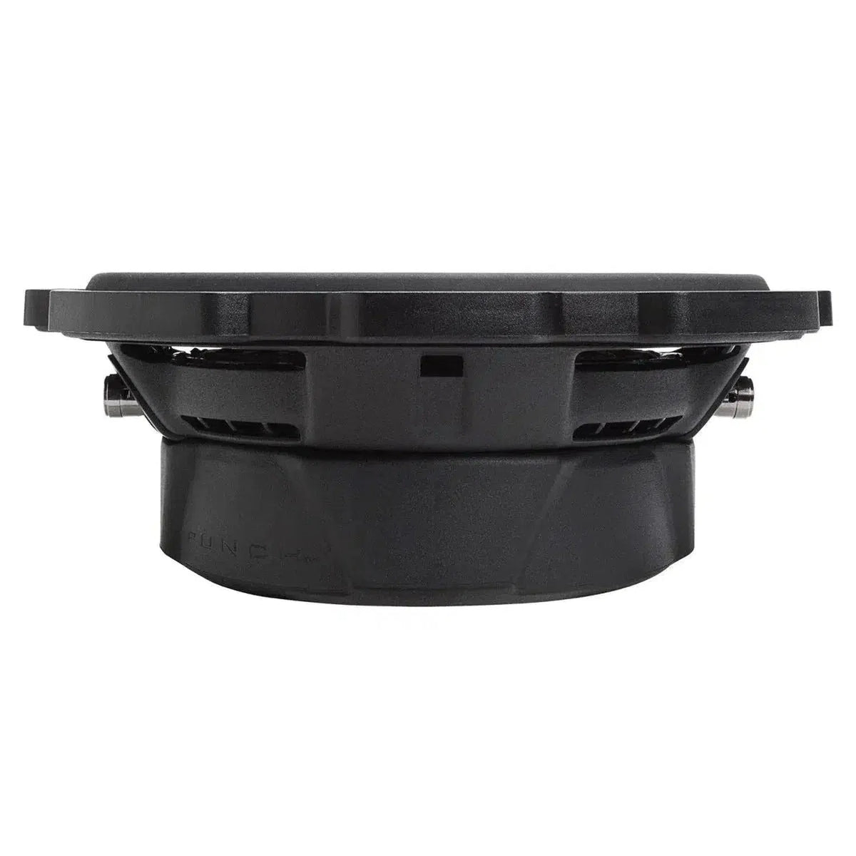 Vista lateral de un subwoofer plano Rockford Fosgate Punch P3SD2-8/P3SD4-8 de 8 con terminales en el lado derecho, superficie de montaje plana y 150 W RMS de potencia.