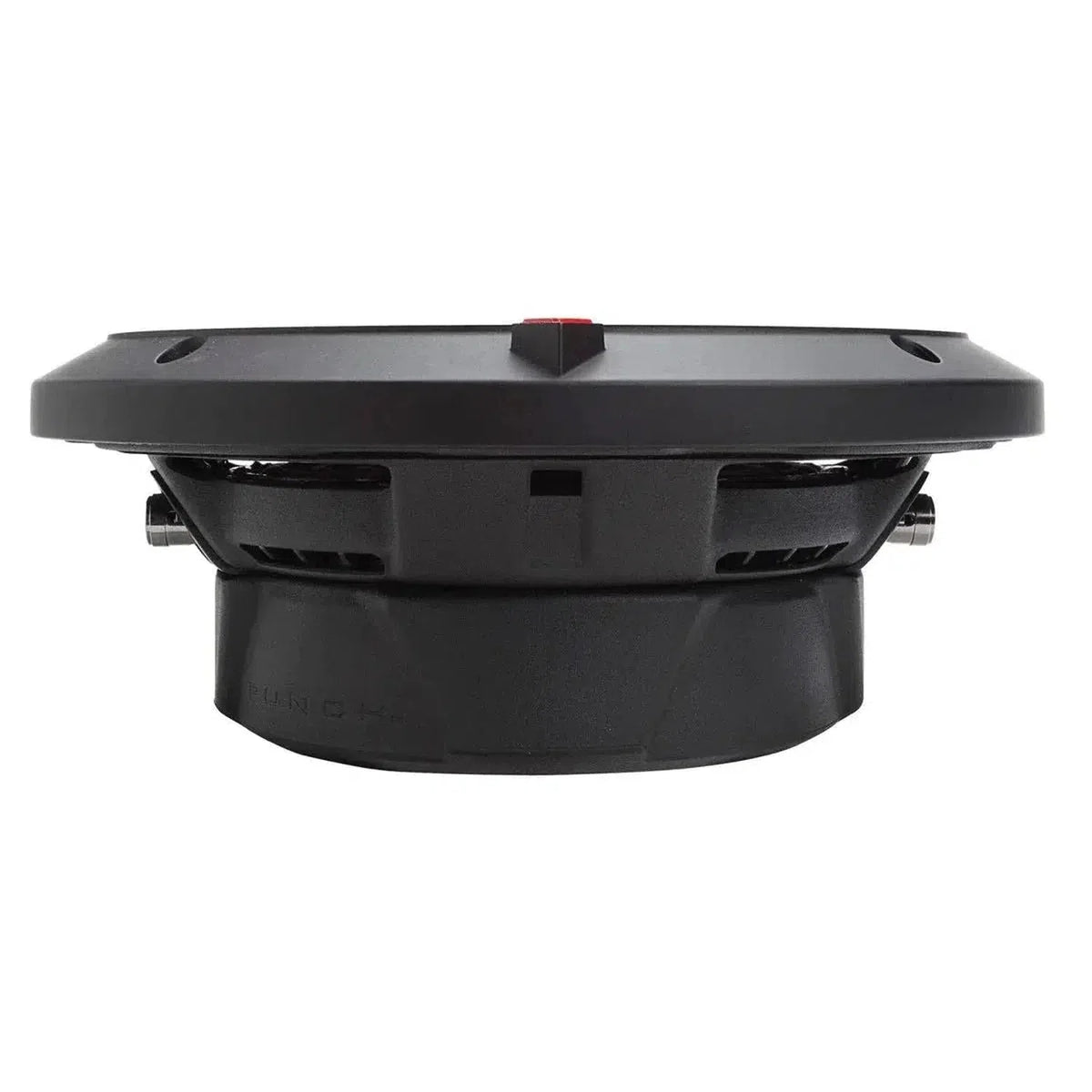 Vista lateral del subwoofer Rockford Fosgate Punch P3SD2-8 / P3SD4-8 de 8, 150W RMS, que muestra el imán, la estructura del cono y los soportes de montaje.