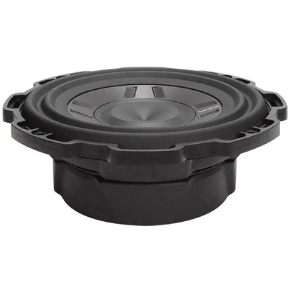 El Rockford Fosgate Punch P3SD2-8 / P3SD4-8 es un subwoofer redondo negro de 8 y perfil bajo, con 150 W RMS y un amplio borde estriado, que se muestra sobre un fondo blanco.