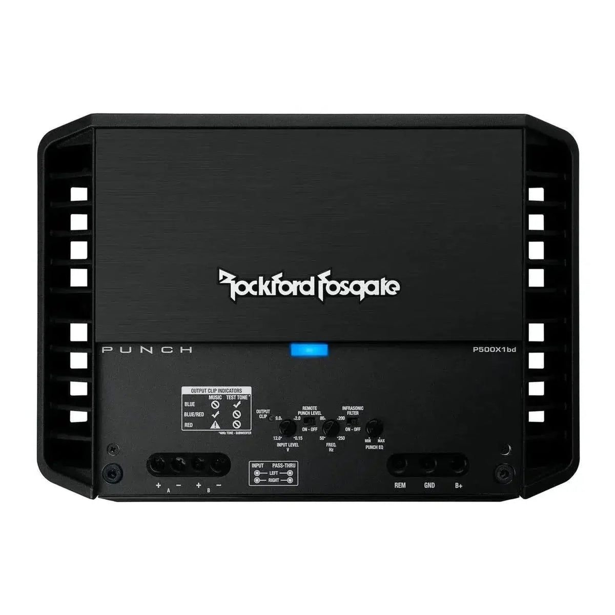 Rockford Fosgate Punch P500X1bd 1-Kanal Verstärker in Schwarz mit Logo, Reglern, Schaltern und Klasse BD Schaltung auf der Frontblende.