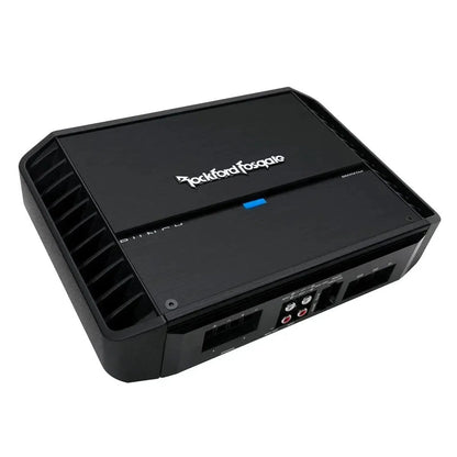 A black Rockford Fosgate Punch P500X1bd car audio amplifier features a blue indicator light and multiple front-panel input/output ports.