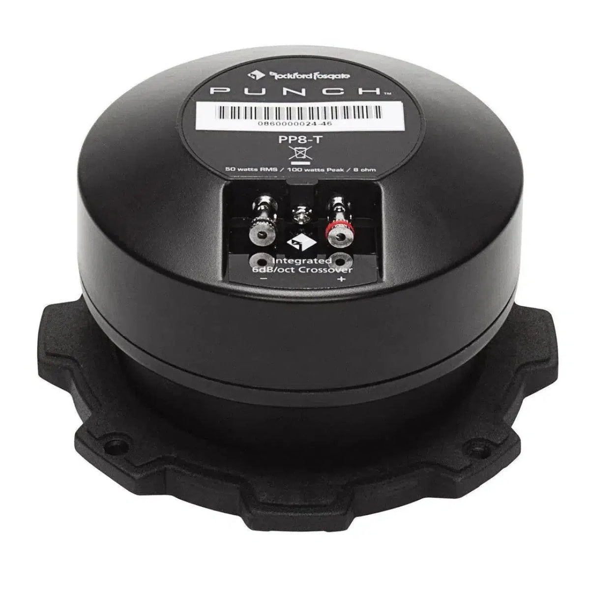 Rockford Fosgate Punch Pro PP4-T is een zwarte ronde 4 Ohm autogeluidstweeter met gelabelde aansluitingen, barcode aan de bovenkant en een platte montagevoet.