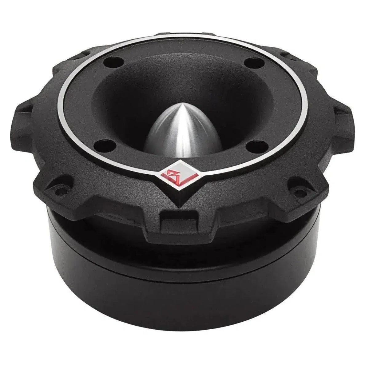 Le Rockford Fosgate Punch Pro PP4-T est un tweeter noir et rond avec un cône argenté, un bord en forme dengrenage, un logo frontal et une puissance de 4 Ohm.