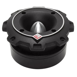 Le Rockford Fosgate Punch Pro PP4-T est un tweeter noir et rond avec un cône argenté, un bord en forme dengrenage, un logo frontal et une puissance de 4 Ohm.