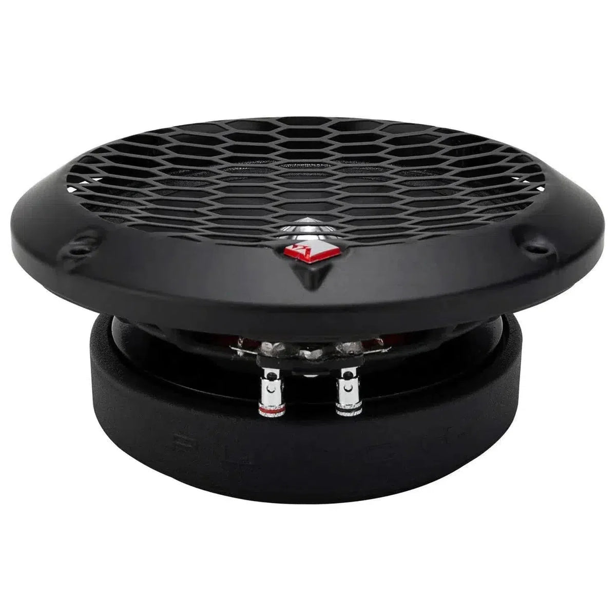 Een zwarte Rockford Fosgate Punch Pro PPS4-8 8 luidspreker met zeshoekig gaasrooster en rood logo, bekend om de hoge geluidsdruk, vanaf de zijkant getoond.