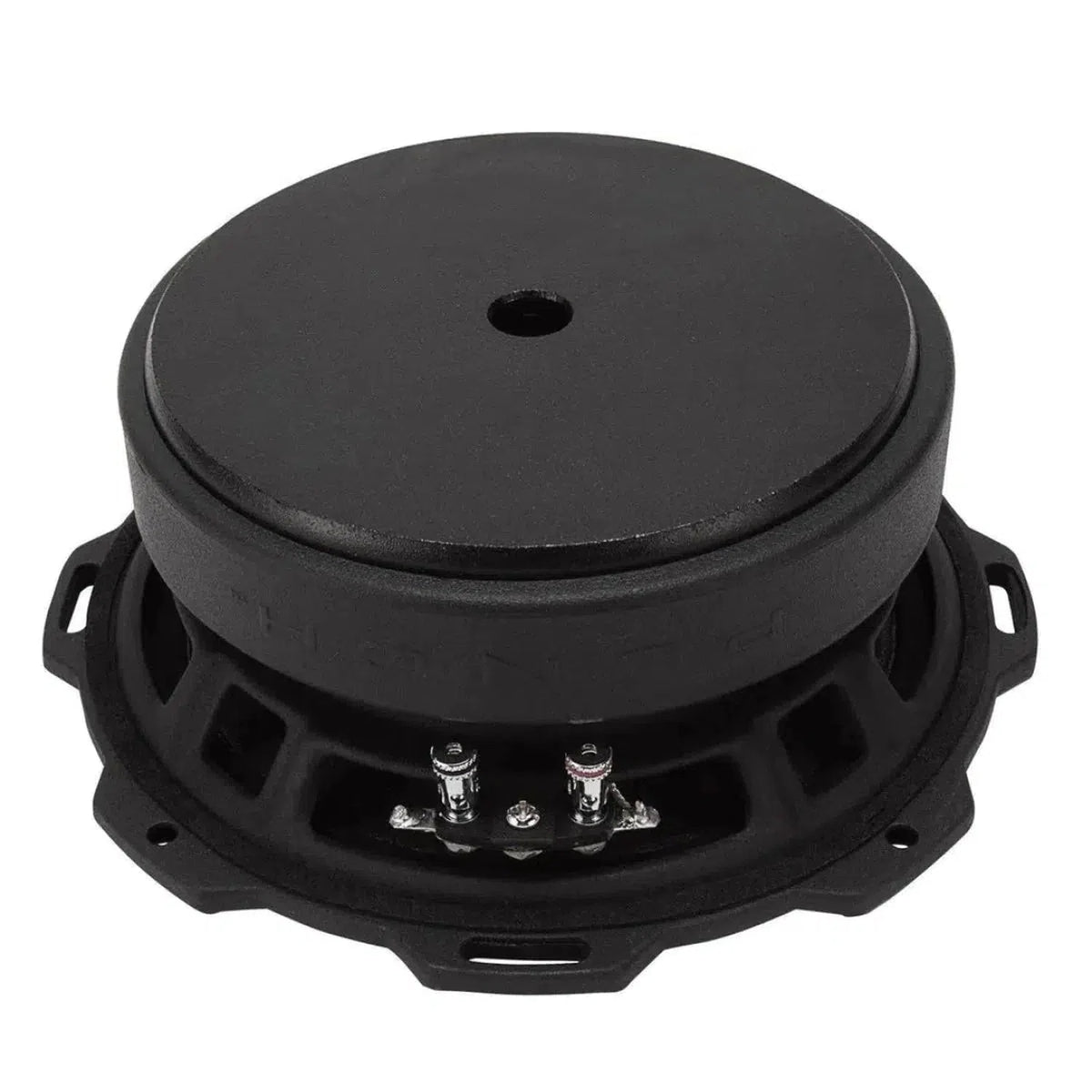 De Rockford Fosgate Punch Pro PPS4-8 is een zwarte ronde 8 subwoofer voor in de auto met een hoog geluidsdrukniveau, stevige achterkant en zichtbare aansluitklemmen, afgebeeld op een witte achtergrond.