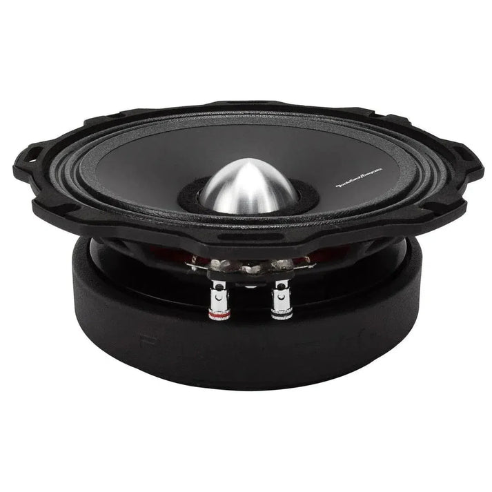 Een close-up van een Rockford Fosgate Punch Pro PPS4-8 autoradio-luidspreker met een zilveren conus en zichtbare aansluitingen, ontworpen voor hoge geluidsdrukniveaus.
