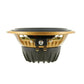 Een close-up van de zijkant van de Scanspeak Automotive Gold 11M/4631G05 4 midrange driver met gouden frame, zwarte conus, neodymium magneten, metalen terminals en geribbelde zwarte behuizing.