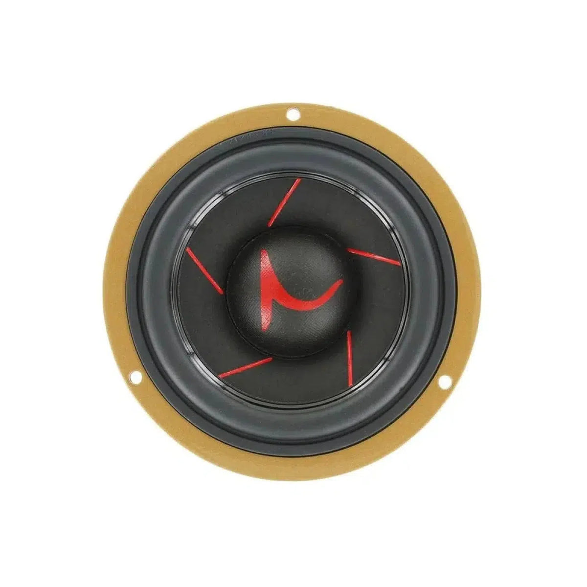 De Scanspeak Automotive Gold 11M/4631G05 is een ronde 4 Zoll Mitteltöner met een zwarte kegel, rode accenten en goudkleurige buitenrand, van boven afgebeeld op wit.