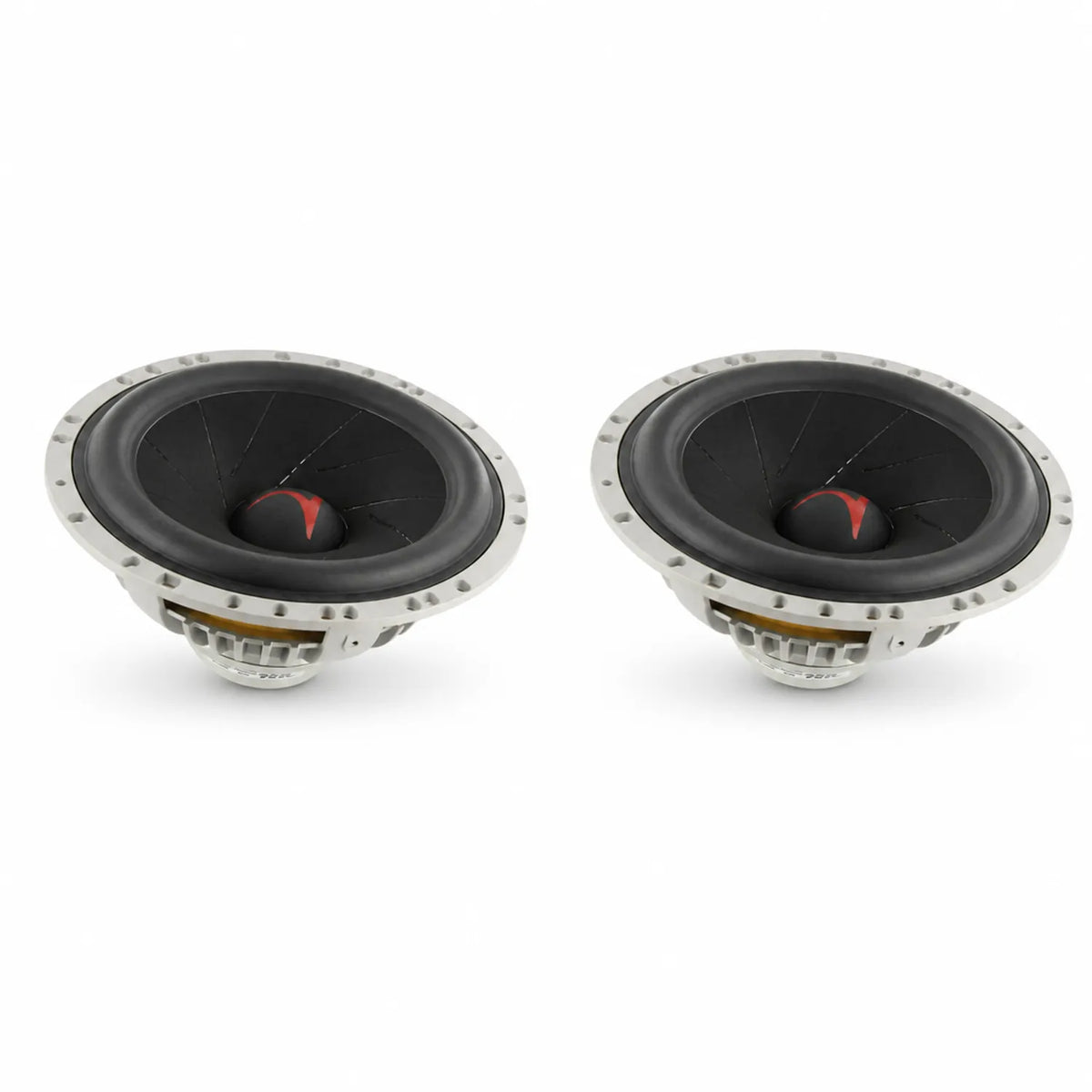 Deux Scanspeak Automotive Silver 16W/4531G06 noirs et argentés de 6,5 pouces avec diaphragme conique sont côte à côte sur un fond blanc.