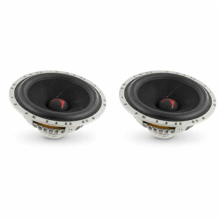 Deux Scanspeak Automotive Silver 16W/4531G06 noirs et argentés de 6,5 pouces avec diaphragme conique sont côte à côte sur un fond blanc.