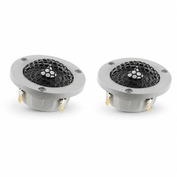 Two round, gray Scanspeak Automotive Silver R3004/602006 tweeters with black mesh grilles and Neodym Magnetsystem are shown side by side on a white background.