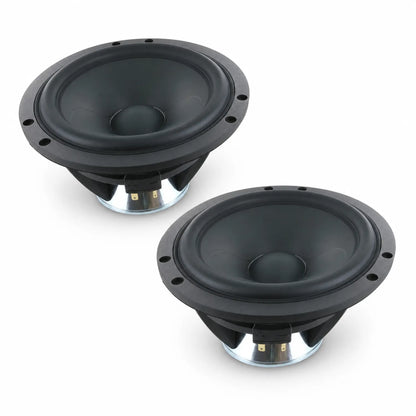 Twee zwarte Scanspeak Illuminator 18WU/4747T00 luidsprekers met ronde conussen en metalen voet worden naast elkaar geplaatst op een witte achtergrond.