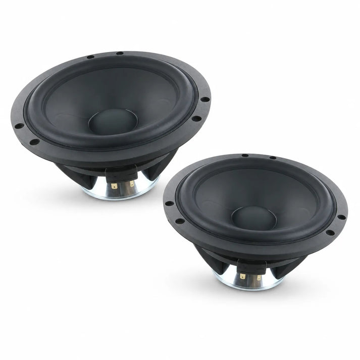 Two black round Scanspeak Illuminator 18WU/8747T00 speakers with visible aluminum cones and mounting holes, shown on a white background.