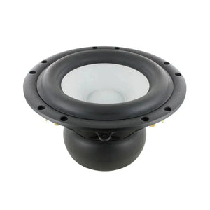 A close-up of the Scanspeak Revelator 23W/4557T00 subwoofer shows its symmetrical drive, black-silver aluminum diaphragm, and mounting holes.