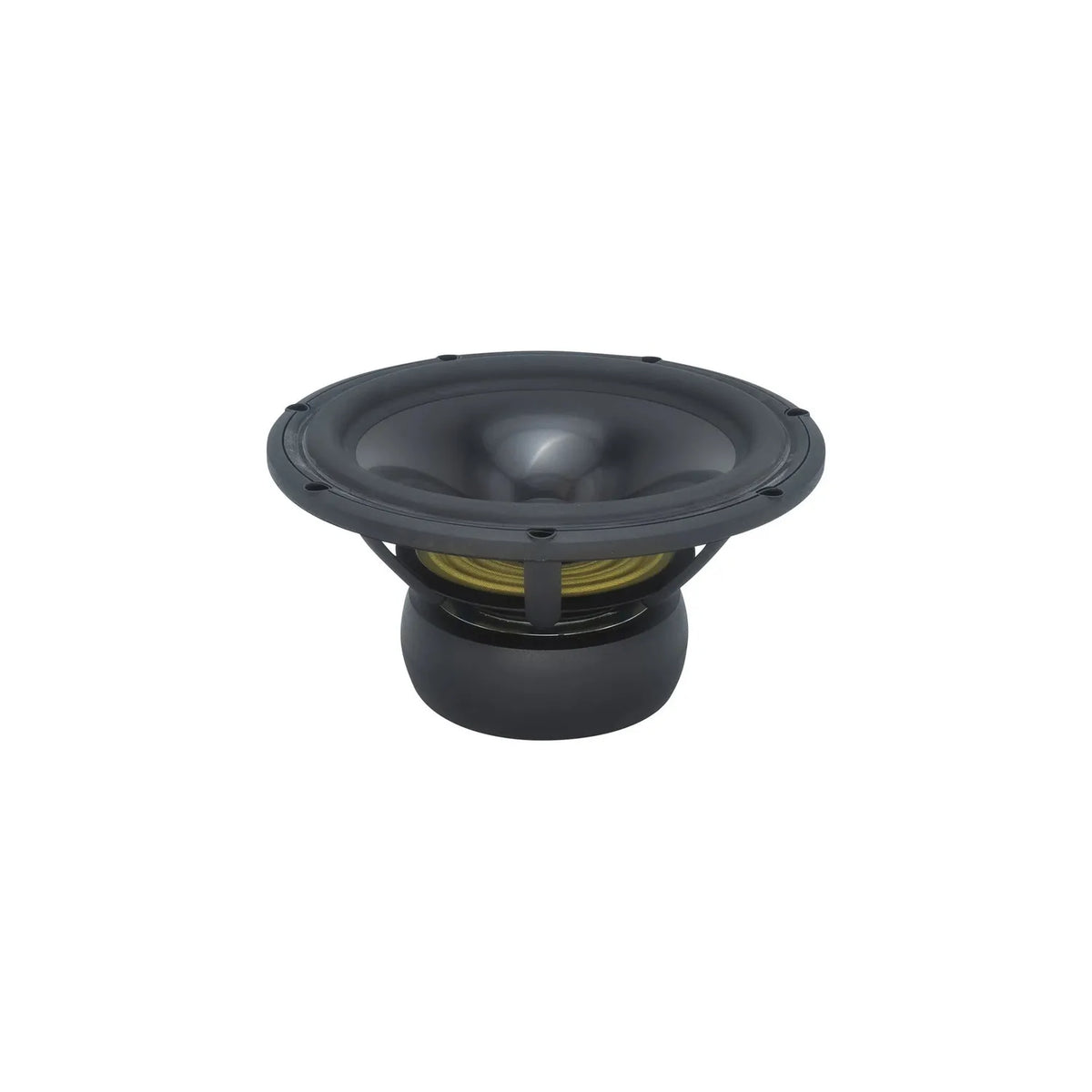 Lo Scanspeak Revelator 26W/4867T00 è un subwoofer da 10 di colore nero con cono in alluminio e sospensione gialla a vista, ideale per impianti audio di alta qualità su uno sfondo bianco.