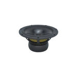The Scanspeak Revelator 26W/4867T00 is a 10 black subwoofer with aluminium cone, visible yellow suspension, ideal for premium audio systems on a white background.