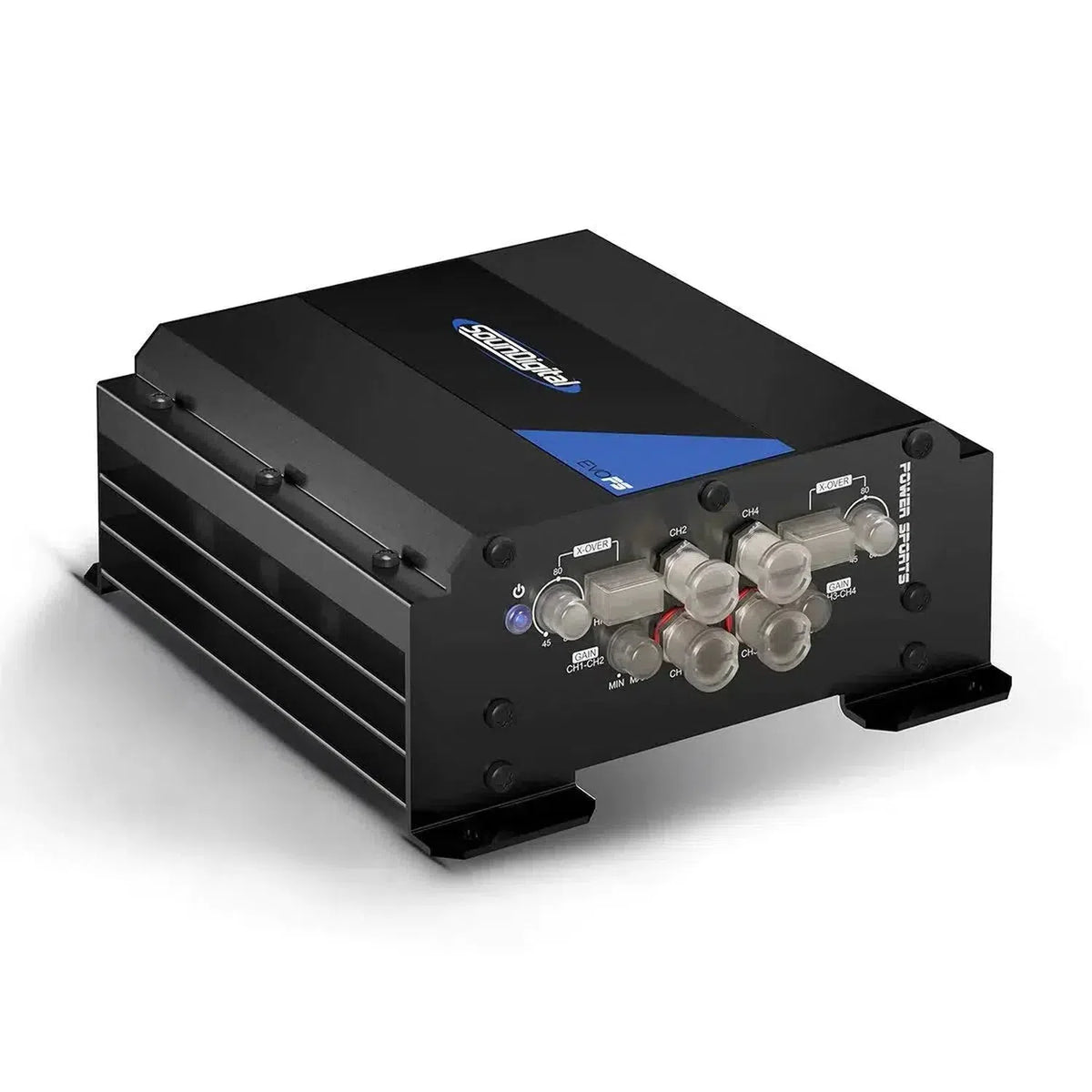 The Soundigital 1200.4 EVOPS is a black and blue 4-channel car audio amplifier featuring multiple connectors, cooling fins, and mounting brackets on one side.