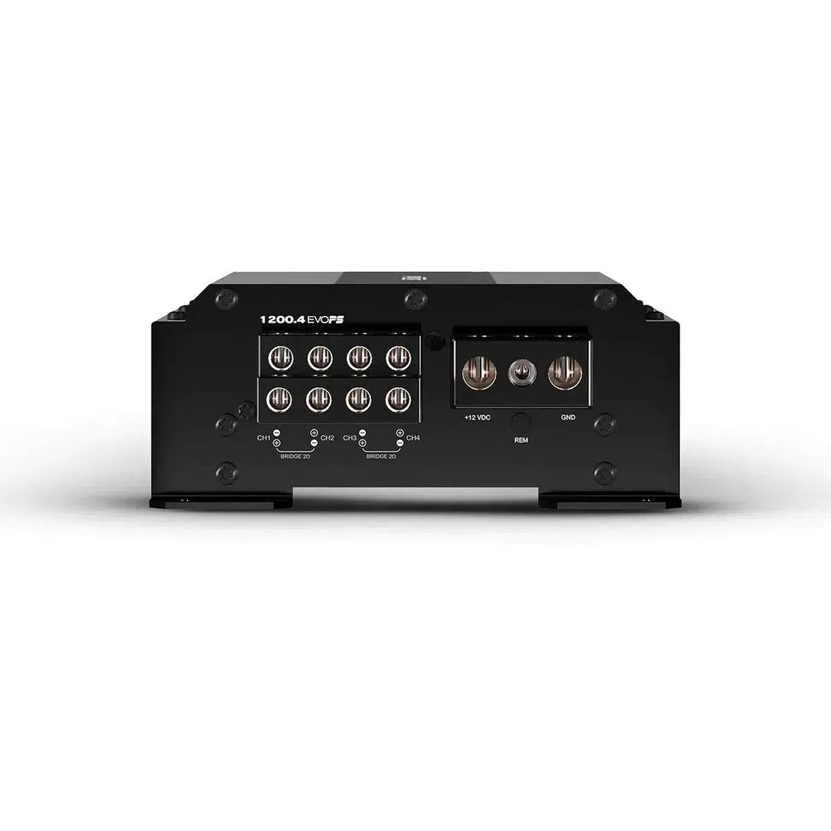 A black Soundigital 1200.4 EVOPS amp is shown from the back, displaying labeled speaker and power terminals on a white background.
