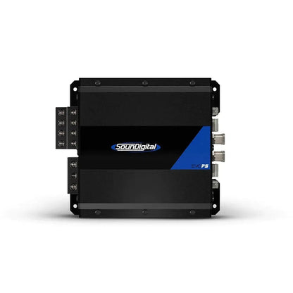 The Soundigital 1200.4 EVOPS black amplifier, with blue accents, features right-side Tiffany Style Cinch connectors and left screw terminals against a white background.