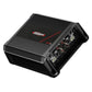 Il Soundigital 1200.4 EVOX2 è un amplificatore per auto a 4 canali di colore nero con varie porte di ingresso/uscita, controlli etichettati e un accento rosso sulla parte superiore.