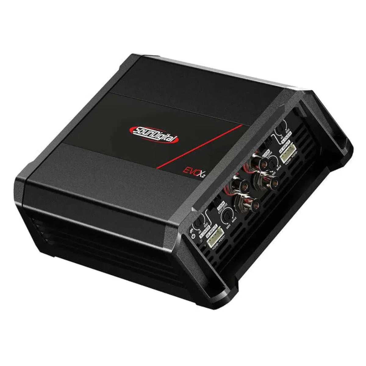 Il Soundigital 1200.4 EVOX2 è un amplificatore per auto a 4 canali di colore nero con varie porte di ingresso/uscita, controlli etichettati e un accento rosso sulla parte superiore.