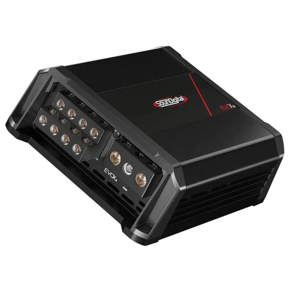Un amplificatore a 4 canali Soundigital 1200.4 EVOX2 di colore nero con connettori multipli in metallo, prese daria, linea daccento rossa e logo Soundigital sulla parte superiore.