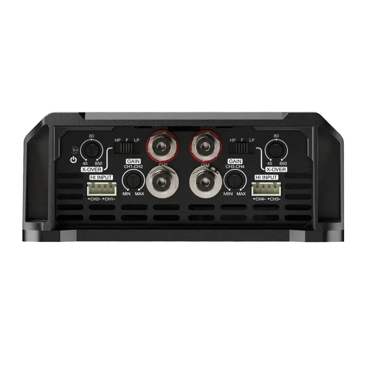Un primo piano del pannello posteriore del Soundigital 1200.4 EVOX2 mette in evidenza le porte di ingresso, le manopole di guadagno e gli interruttori di crossover di questo amplificatore a 4 canali.