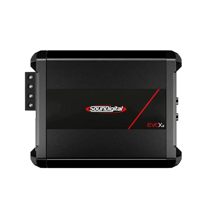 Lamplificatore a 4 canali Soundigital 1200.4 EVOX2, in nero con accenti rossi, presenta il logo del marchio e il nome del modello sul pannello frontale, visto dallalto.
