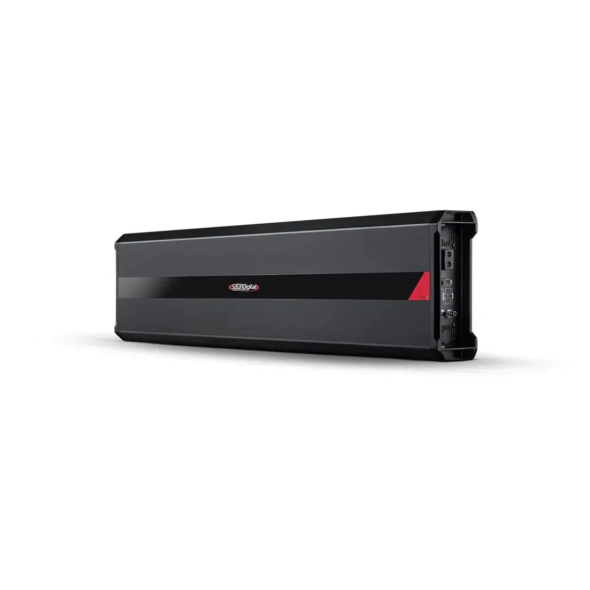 The black and silver Soundigital 20000.1 EVOX Verstärker, with a red accent, is shown at an angle to emphasize its sleek rectangular design and control panel.