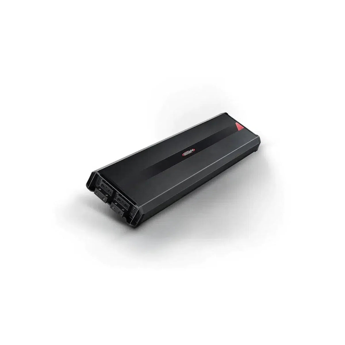 The Soundigital 20000.1 EVOX is a rectangular black car audio amplifier with red and silver accents, control knobs, and input/output ports on one end, shown on a white background.