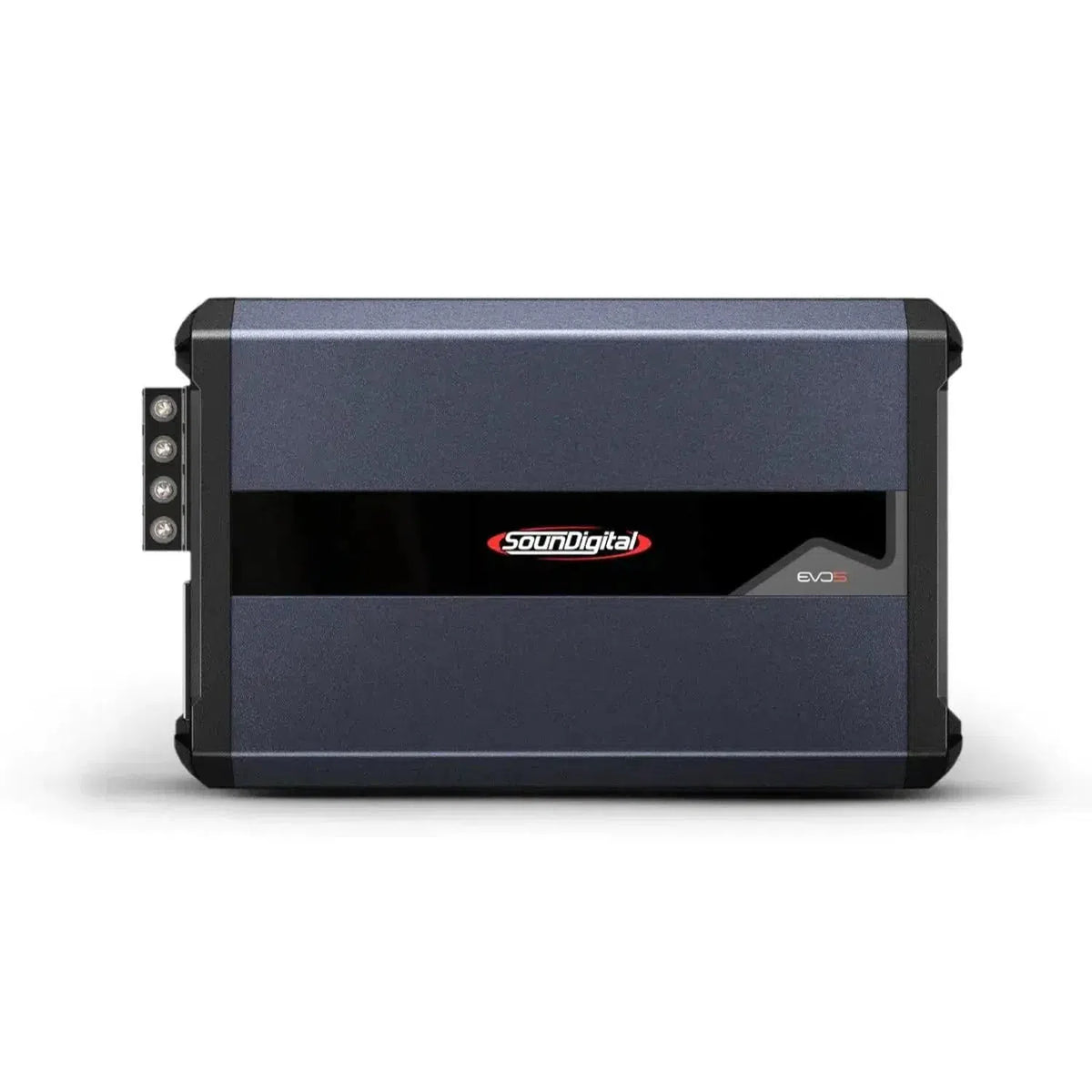 The Soundigital 2000.4 EVO5 is a rectangular car audio amplifier featuring a black strip, logo, and input connections on the left side.