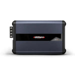 De Soundigital 2000.4 EVO5 is een rechthoekige autogeluidsversterker met een zwarte strip, logo en ingangsaansluitingen aan de linkerkant.