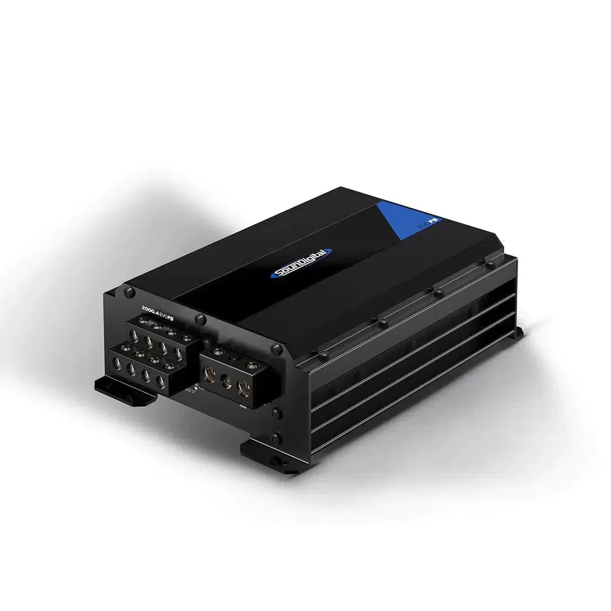 A black and blue rectangular Soundigital 2000.4 EVOPS amplifier with multiple ports is placed on a white surface.