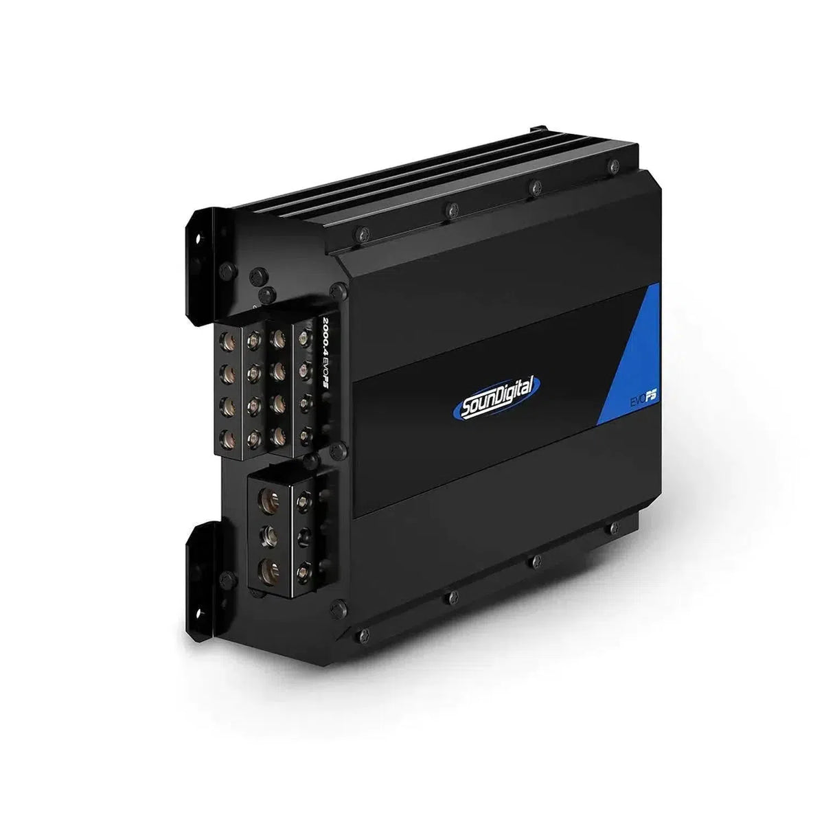 A black and blue Soundigital 2000.4 EVOPS 4-channel car audio amplifier with multiple ports, shown on a white background.